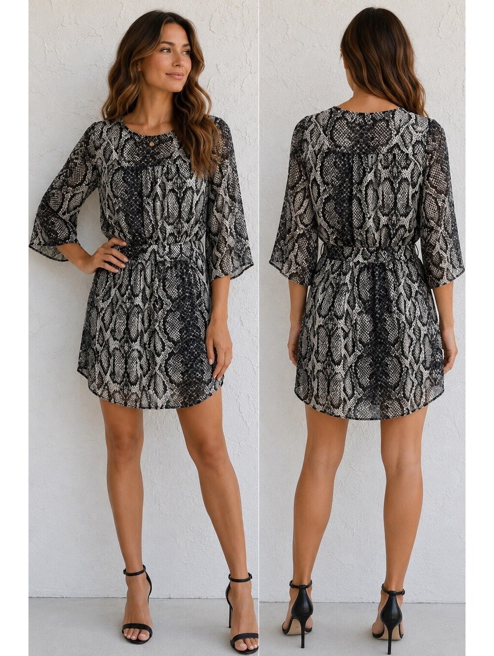 Charlie Jade Silk 3/4 Sleeve Snake Print Women’s Short Dress Sz Small